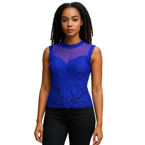 Guess women's Y2K lace overlay top Royal blue Size large Party Festival Office - Picture 1 of 8